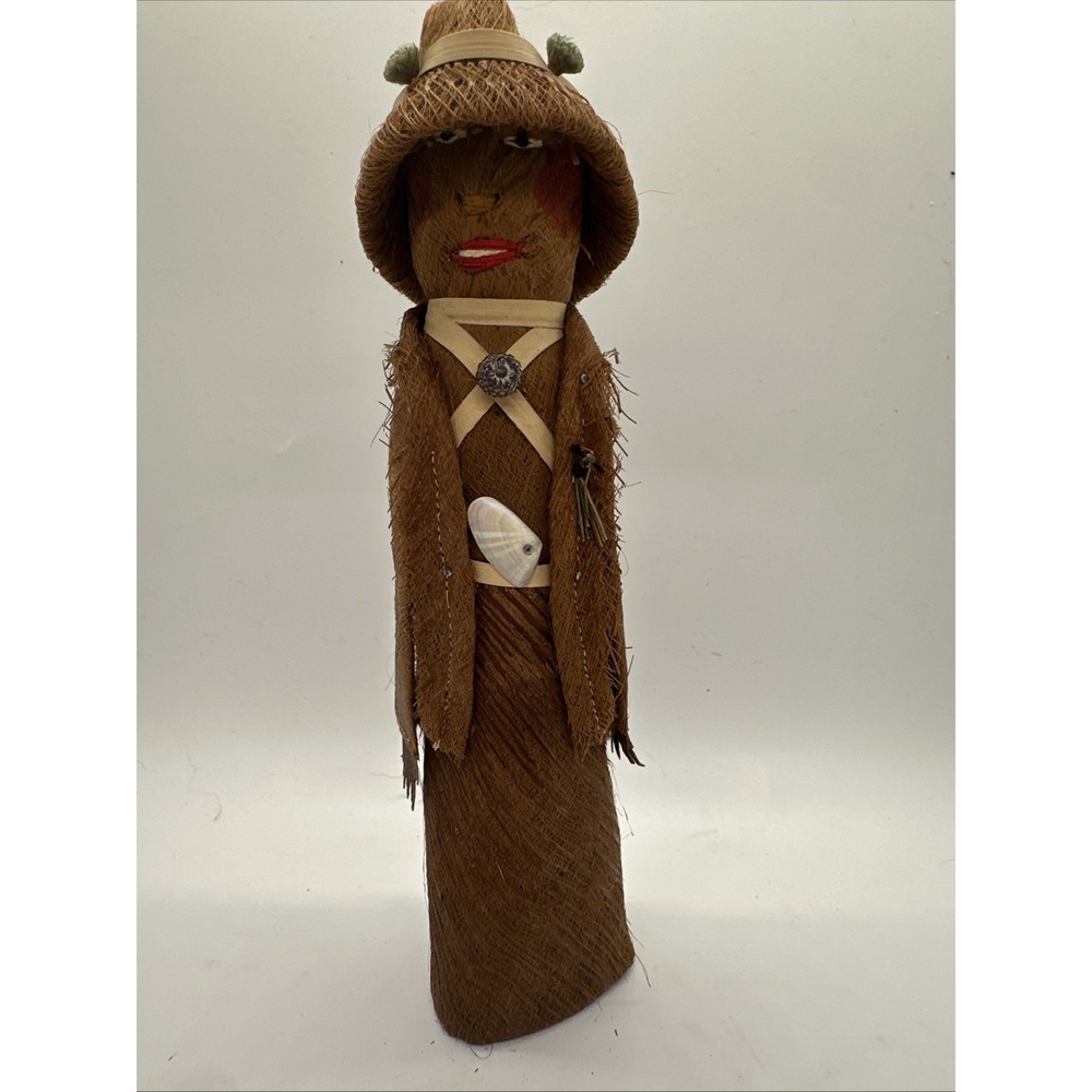Folk Art Doll~ Vintage~ Coconut Fiber and Wood Doll~ Handmade~
